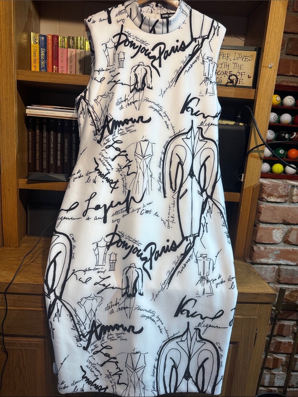 Karl Lagerfeld White Dress with Black Script & Sketch Print